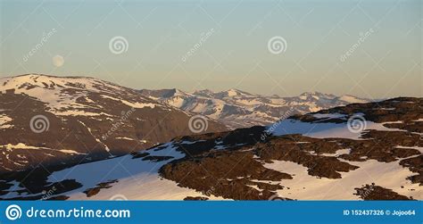 View From Mount Nuolja In Northern Sweden In Midnight Sun Stock Photo