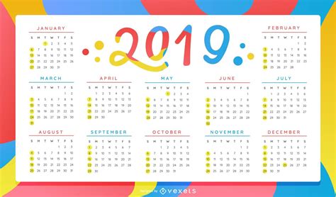 Each month in a different color. Colorful Year 2019 Calendar Design - Vector Download