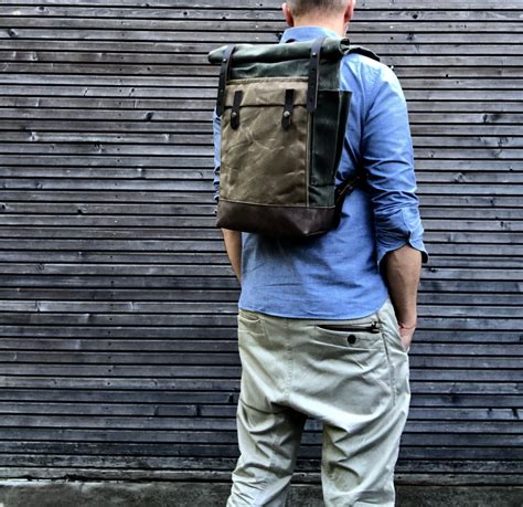 Waxed Canvas Leather Backpack Medium Size Commuter Backpack Hipster