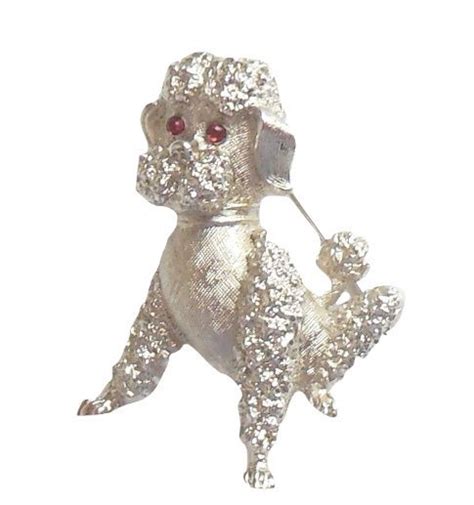 Fabulous Vintage Crown Trifari Poodle Pin Brooch Ruby Red Eyes Silver