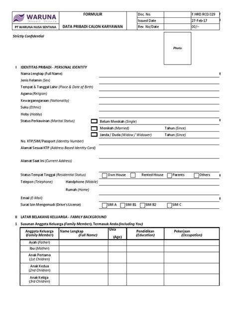 personal information form for job applicant at pt waruna nusa sentana pdf