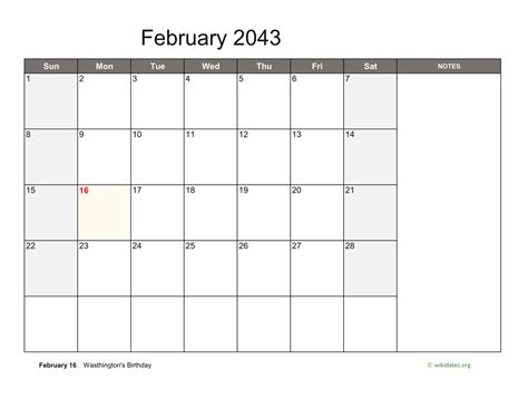 February 2043 Calendar With Notes