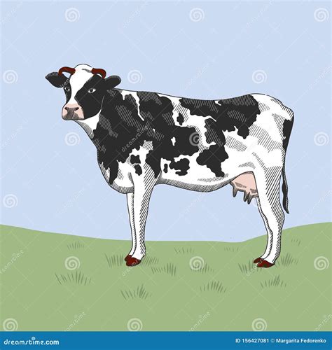Cow Standing On The Grass Vector Sketch Drawing Illustration Stock Vector Illustration Of