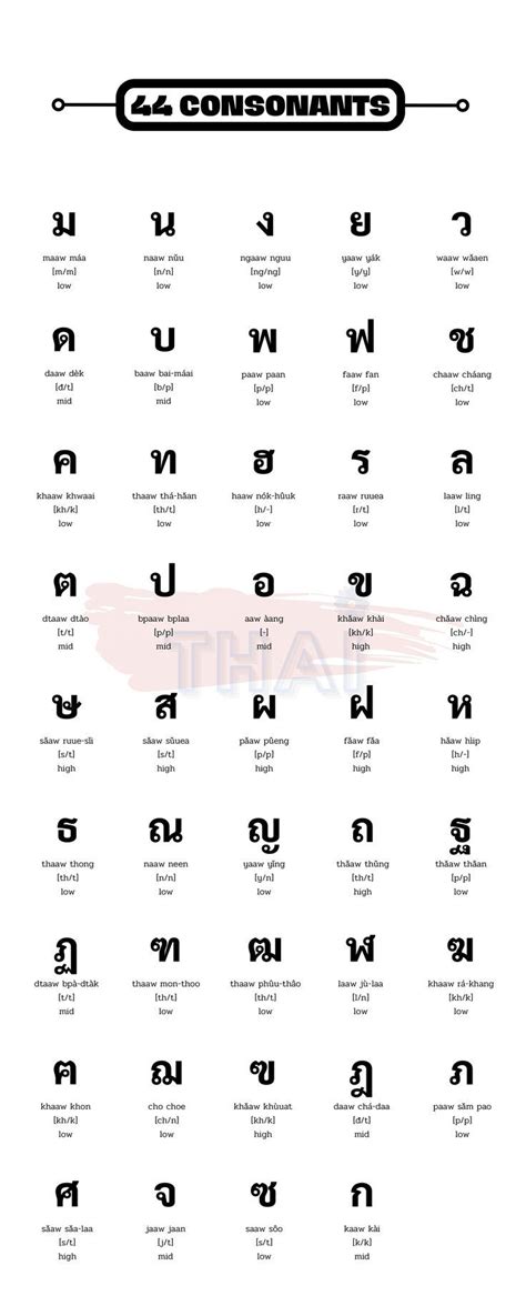 thai alphabet is made up of 44 consonants the letters are grouped into three classes low 25