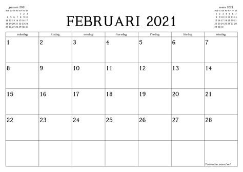 Bekijk de maand kalender van februari 2021. Skriv ut kalender, glidflygplan, planering för poster i Februari 2021 - A4, A3 och A5 format i ...