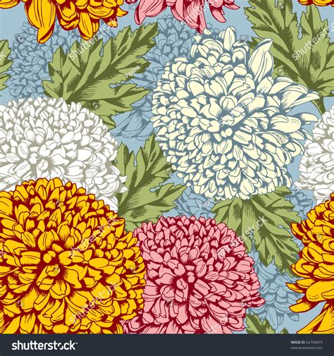 Excellent Seamless Pattern With Chrysanthemum On Gray Background Stock