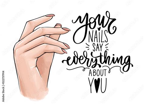 Vector Beautiful Woman Hands With Nude Nail Polish Handwritten Lettering About Nails Stock