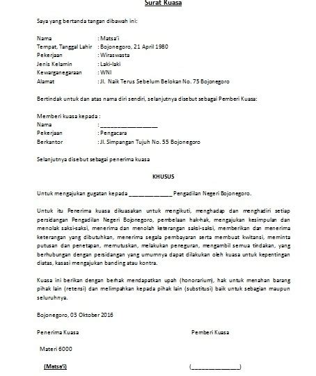 Kuasa ini diberikan dengan hak retensi dan subtitusi kepada pihak lain. Contoh Surat Kuasa Khusus Advokat