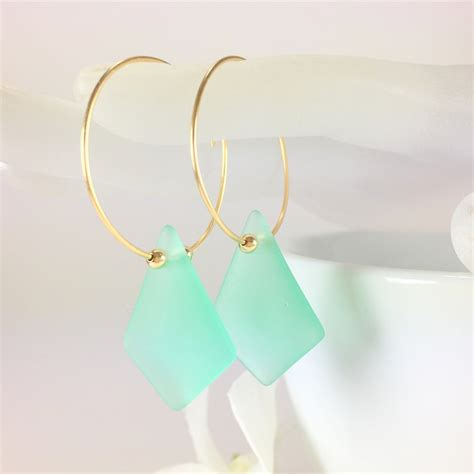 Sea Glass Earrings Gold Hoop Earrings Seaglass Dangle Earrings Etsy