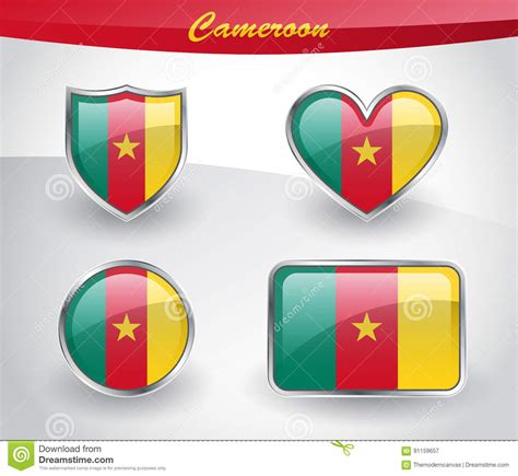 Glossy Cameroon Flag Icon Set Stock Vector Illustration Of Metal
