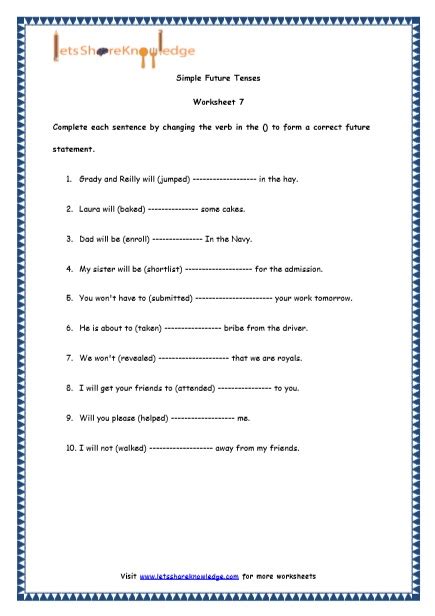 Grade 4 English Resources Printable Worksheets Topic Simple Future Tenses Lets Share Knowledge