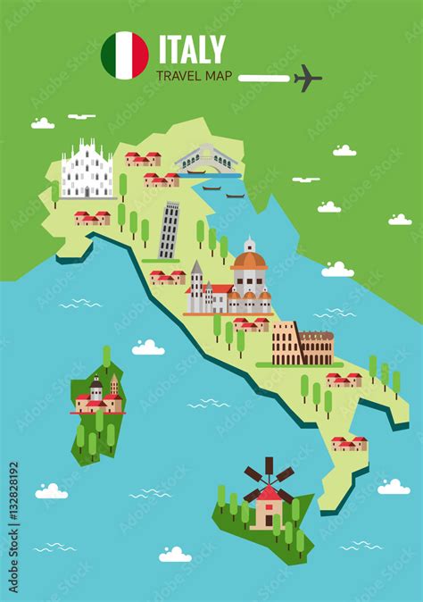 Italy Travel Map Italian Colosseum Milan Venice Flat Vector
