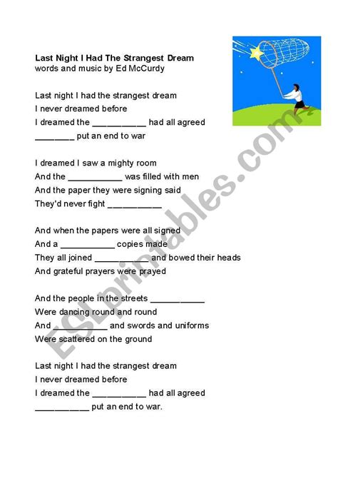 English worksheets Song Last Night I had the Strangest Dream