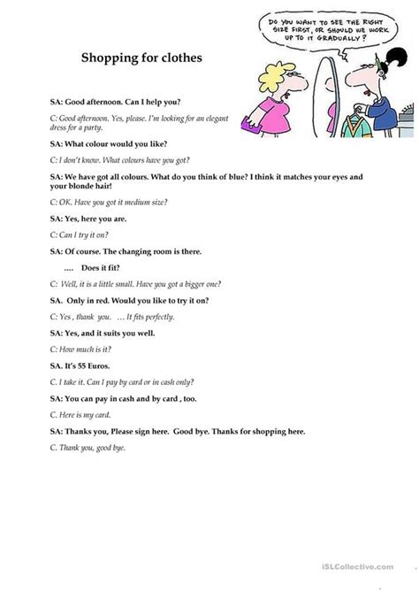 Shopping For Clothes Dialogue Sample English Esl Worksheets Learn