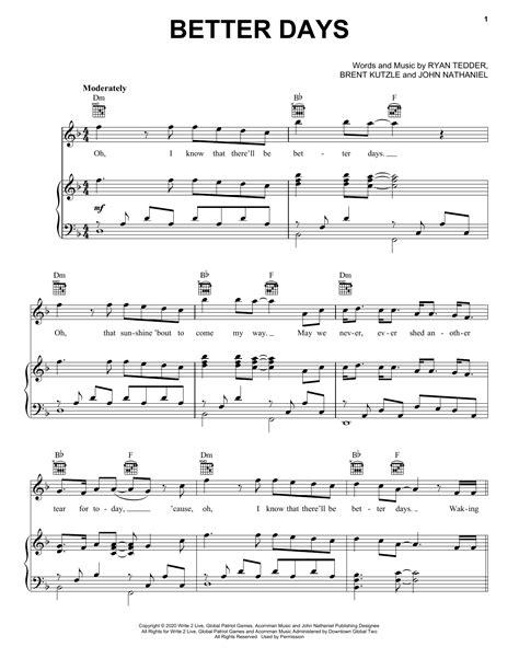 Better Days Sheet Music Onerepublic Piano Vocal And Guitar Chords
