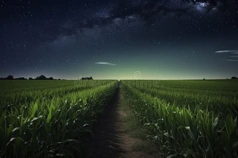 Farm Landscape With Corn Field And Night Sky With Stars Stock Image