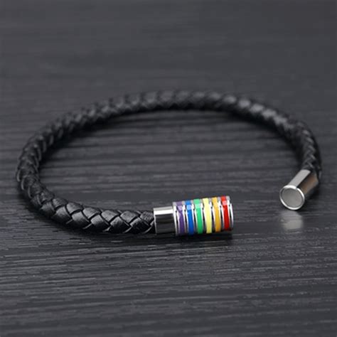 leather magnetic braided lgbt rainbow bangle bracelet gay and lesbian pride wish