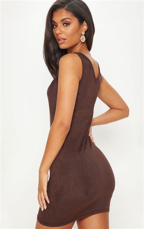Chocolate Brown Suede Bodycon Dress Dresses Prettylittlething Aus
