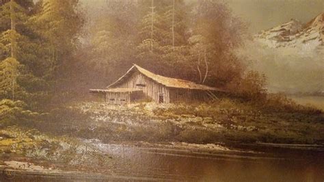 Vintage Rothman Large Oil Painting On Canvas Old Cabin In Woods Lake