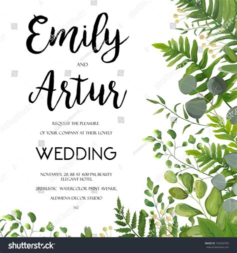 Wedding Invitation Floral Invite Card Design With Green Fern Leaves