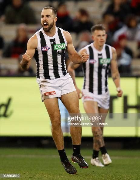 Steele Sidebottom Of The Magpies Celebrates A Goal During The 2018