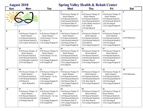 August Activity Calendar Spring Valley Senior Living And Health Care