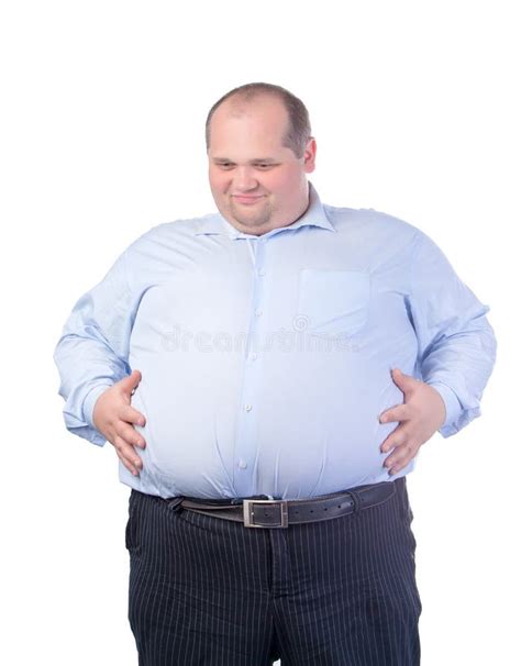 Happy Fat Man In A Blue Shirt Stock Photo Image Of Cheerful Bald