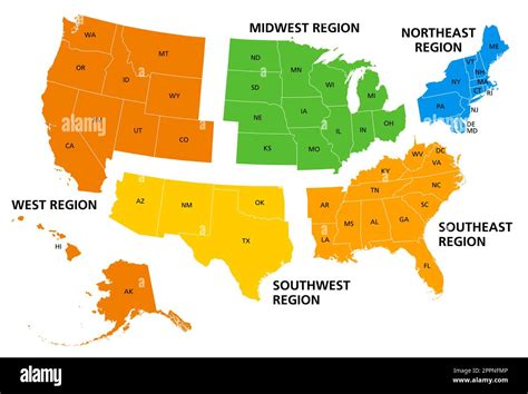 United States Of America Geographic Regions Colored Political Map