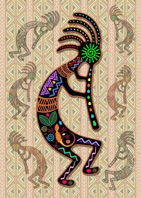 Kokopelli Rainbow Colors On Tribal Pattern Poster By Bluedarkat Lem