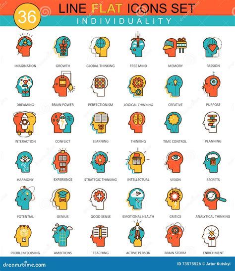 Vector Human Personality And Individuality Features Flat Line Icon Set