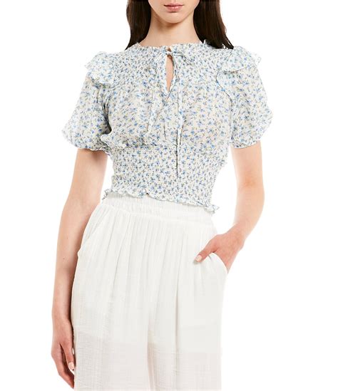 Blu Pepper Short Sleeve Smocked Waist Tie Front Pull On Floral Top