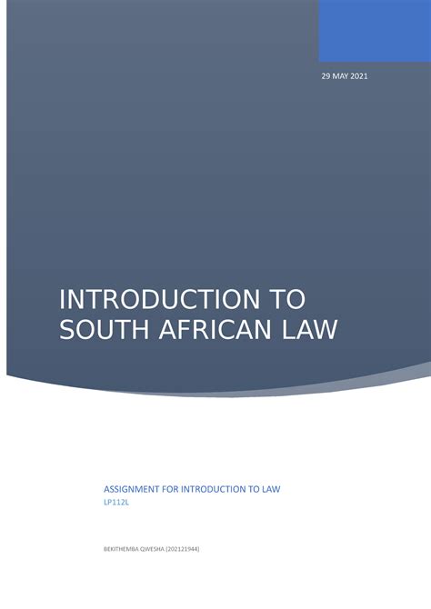 Introduction To Law Introduction To South African Law 29 May 2021 Assignment For Introduction