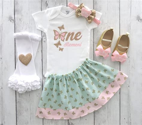 Butterfly First Birthday Outfit In Pink Mint And Gold Etsy Gold