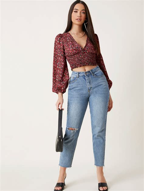 Shein Privé Bishop Sleeve Shirred Detail Ditsy Floral Top Shein Usa