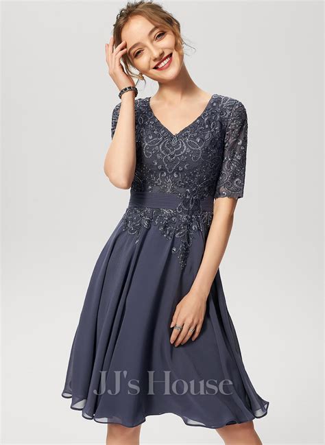 A Line V Neck Knee Length Chiffon Lace Cocktail Dress With Sequins
