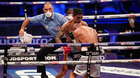 jeremias ponce overwhelms lewis ritson even as the referee throws the towel back out of the