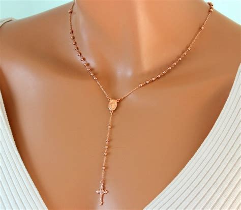Rose Gold Rosary Necklace High Quality Cross Necklaces Women Jewelry