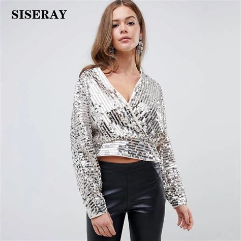 Buy 2018 Chic Silver Sequin Crop Blouses V Neck Long