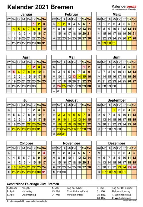 Ferien 2021 für ihr mit feiertagen und kalenderwochen. Kalender 2021 Bremen: Ferien, Feiertage, Excel-Vorlagen