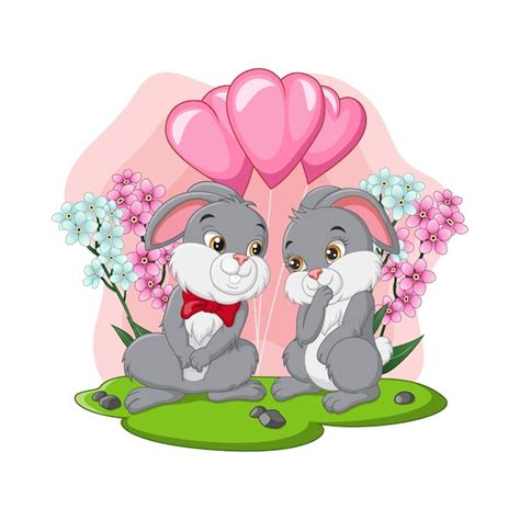 Premium Vector Cute Cartoon Rabbit Couple With Balloons
