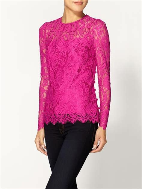 Pink Long Sleeved Milly Lace Top Fashion Leather And Lace Hot Pink Tops