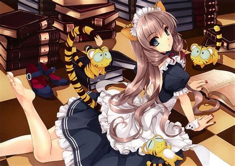 1366x768px Free Download Hd Wallpaper Anime Girls Nekomimi Books Barefoot Comic