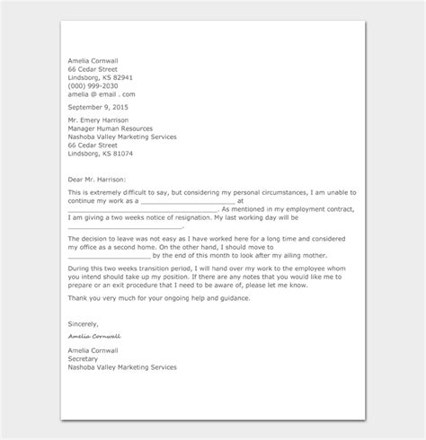 Editable Two Weeks Notice Letter