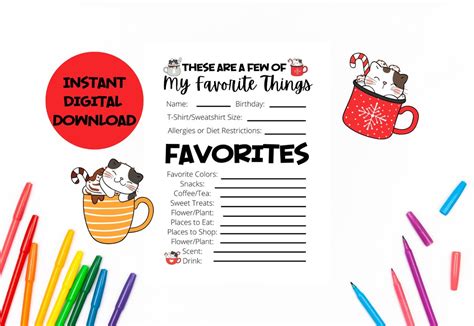 Christmas Few Of My Favorite Things Friend Questionnaire Etsy
