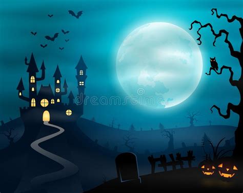 Halloween Night Background With Wolf Howling Castle And Full Moon