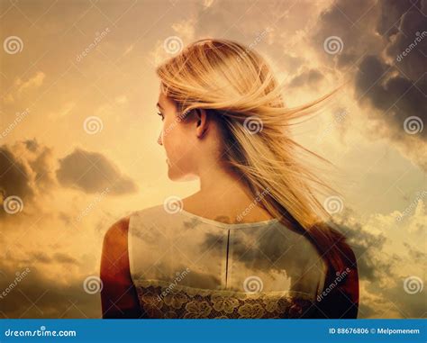 Double Exposure Of Young Woman And The Sky Stock Photo Image Of