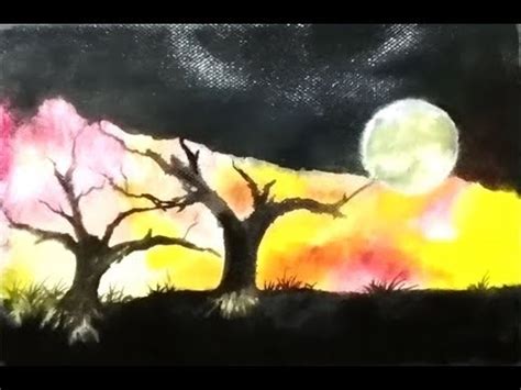 #Art68 | Moonlight night landscape painting technique for beginners | Easy watercolor painting ...