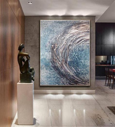 Large Painting Blue And Rich Texture Silver Metallic Abstract Wall Art