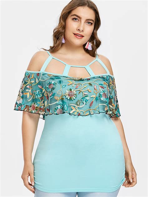 Wipalo Plus Size Embroidery Cutout Sheer Foldover T Shirt Women Summer