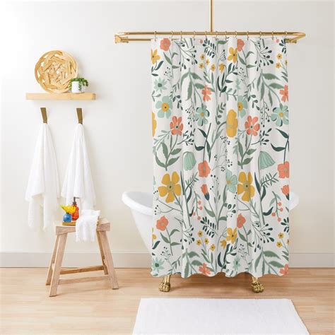 Coral Mustard And Blue Botanical Garden Floral Print Shower Curtain